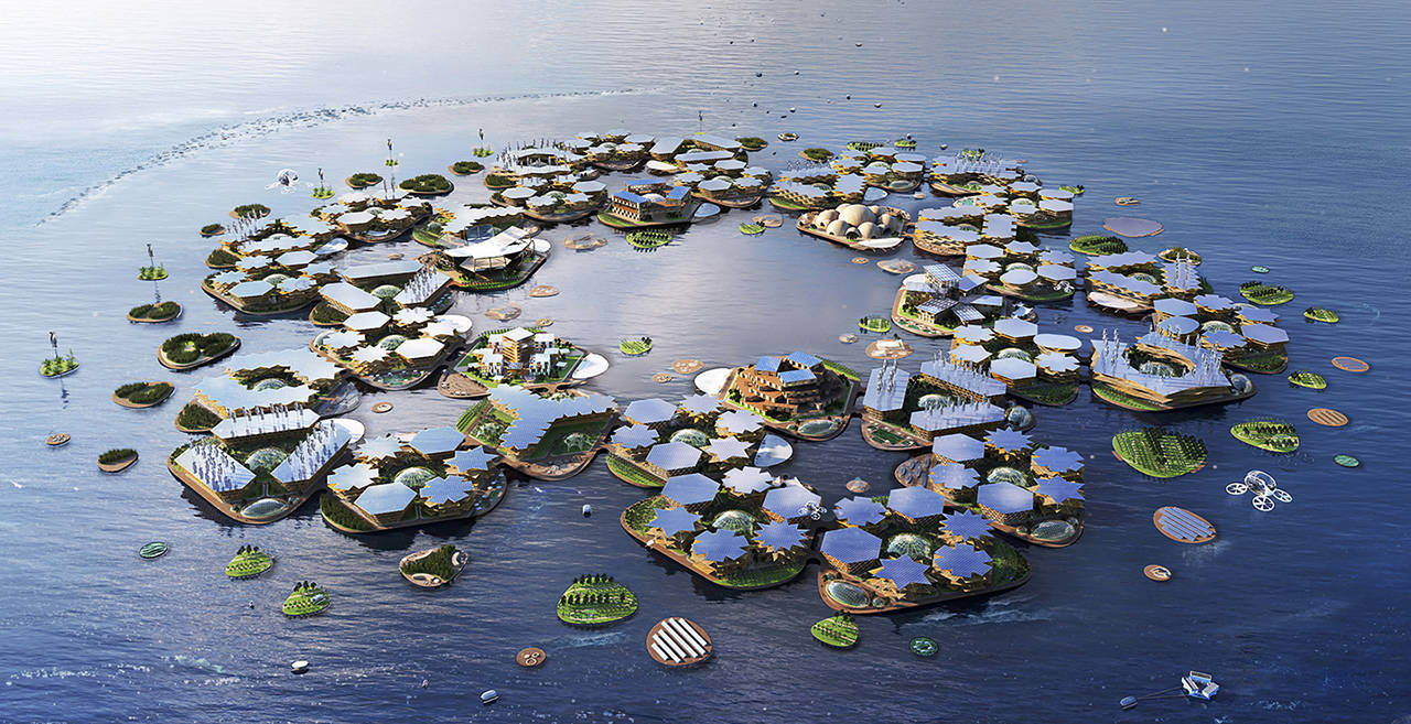 A rendering of an Oceanix floating city as seen from above. (Oceanix/Bjarke Ingels Group)
