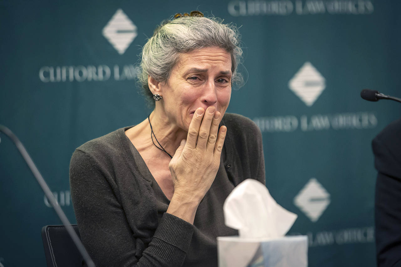 Samya Stumo’s mother, Nadia Milleron, becomes emotional during a news conference announcing a lawsuit the family is filing against Boeing on April 4 in Chicago. Stumo, the niece of consumer advocate Ralph Nader, died in the March 10 crash of the Ethiopian Airlines Boeing 737 Max 8 jet. (Ashlee Rezin/Chicago Sun-Times via AP)