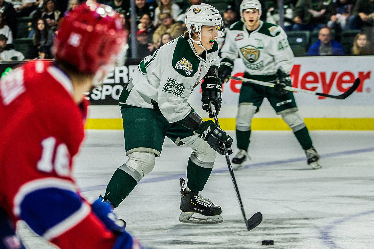 Silvertips’ Wyatte Wylie skates with the puck during the game against the Spokane Chiefs on Sunday, April 7, 2019 in Everett, Wash. (Olivia Vanni / The Herald)