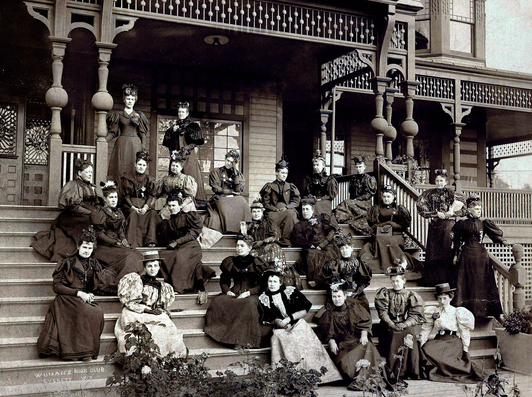 Early members of the Woman’s Book Club of Everett are on the steps of the Hotel Monte Cristo in this photo taken in 1895, the year after the club was founded. Mary Lincoln Brown, second from right in top seated row, hosted their first gathering on June 10, 1894.