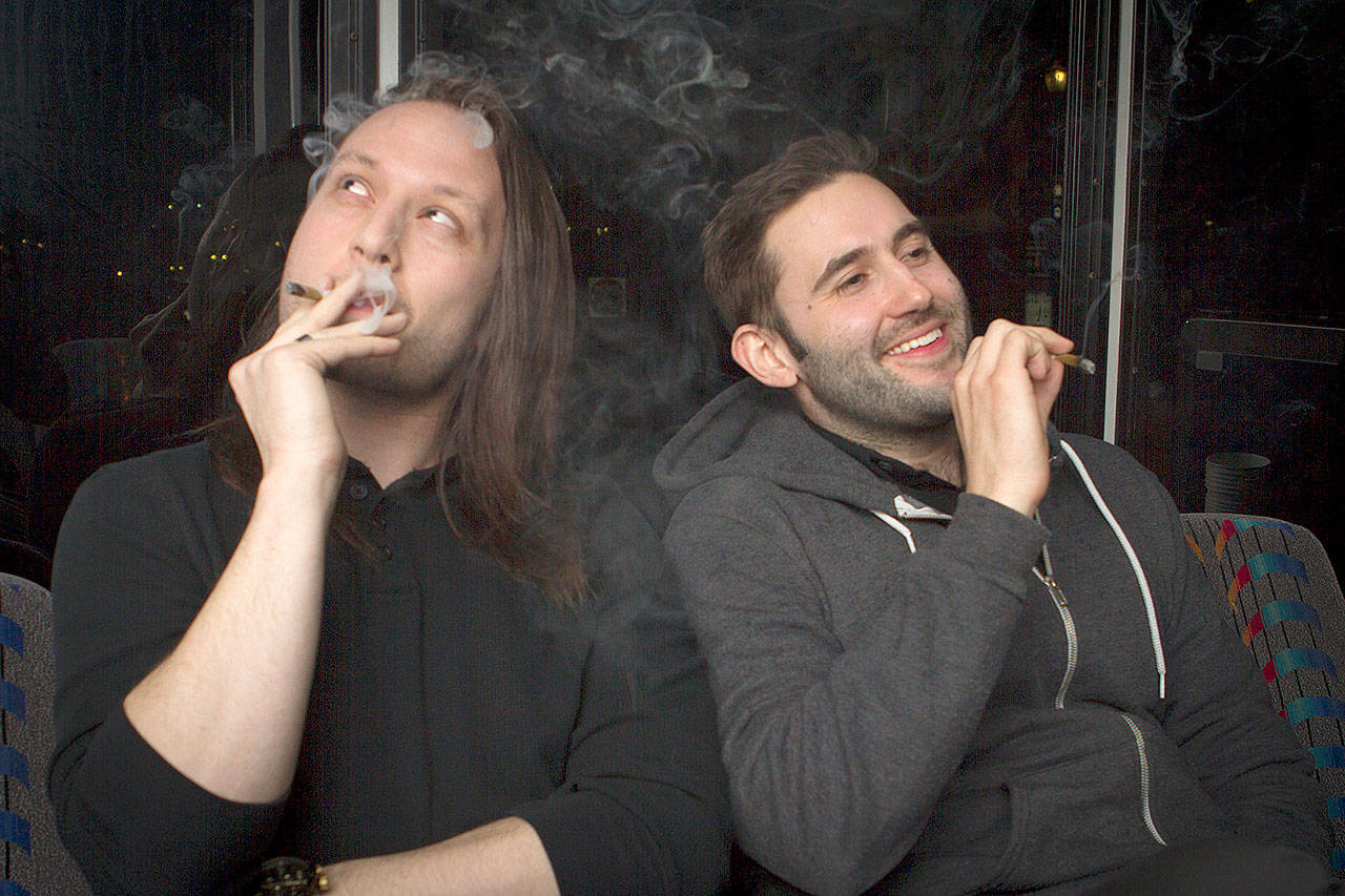 Comedians Tyler Smith and Brent Flyberg smoke weed before going on stage to perform stand-up comedy. See The Dope Show on April 20 at the Historic Everett Theatre. (Danielle Mathias)