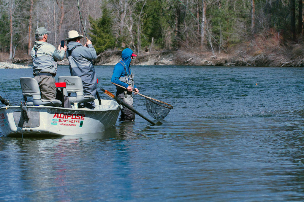 Paul Tetzlaff of Marysville snaps a photo while Les Bouck of Everett plays a fish on the Yakima. (Mike Benbow photo)
