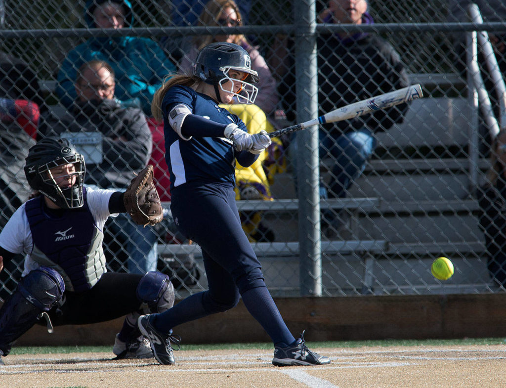 Harlee Carpenter drives in a run during Glacier Peak’s pivotal four-run sixth inning. (Andy Bronson / The Herald)
