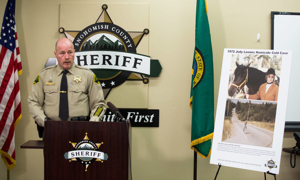 Snohomish County Sheriff’s Office Capt. Rob Palmer talks to reporters about the arrest of a suspect in the 1972 murder of Jody Loomis at the Snohomish County Courthouse on Thursday in Everett. (Andy Bronson / The Herald)
