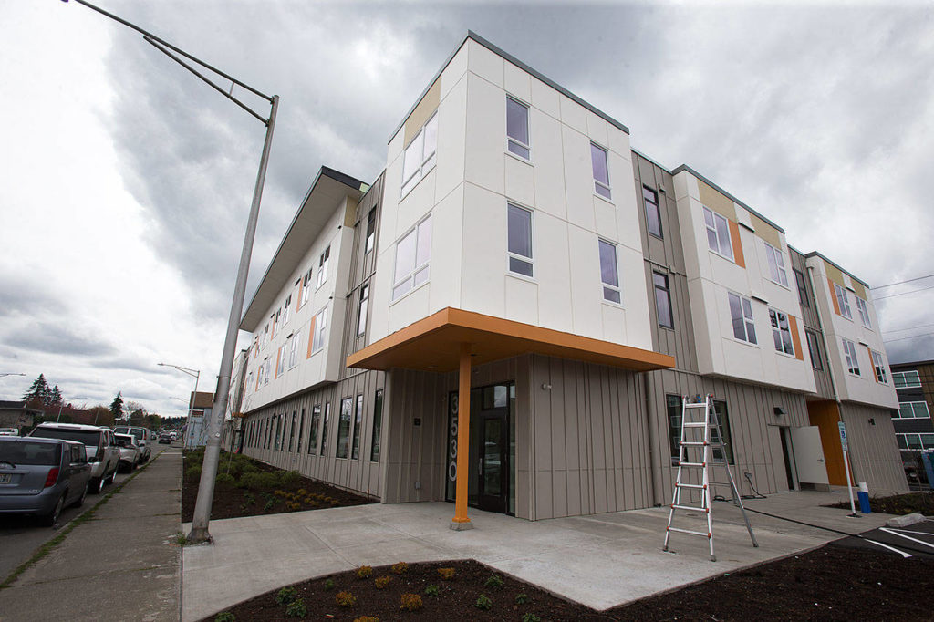 Cocoon House’s new three-floor building, seen here Tuesday, will soon house 20 at-risk teens and 20 young adults in the new Colby Avenue location in Everett. (Andy Bronson / The Herald)
