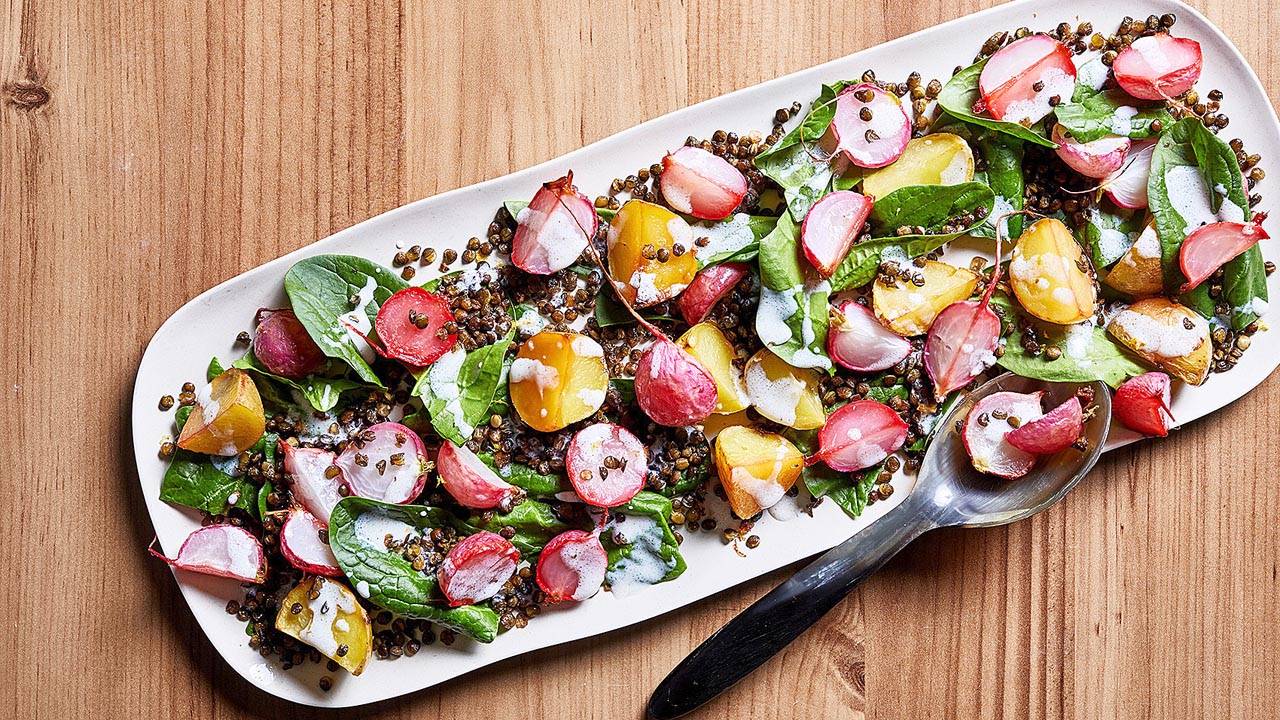 A warm salad of roasted radishes, potatoes and lentils with a buttermilk dressing. (Photo by Stacy Zarin Goldberg for The Washington Post)