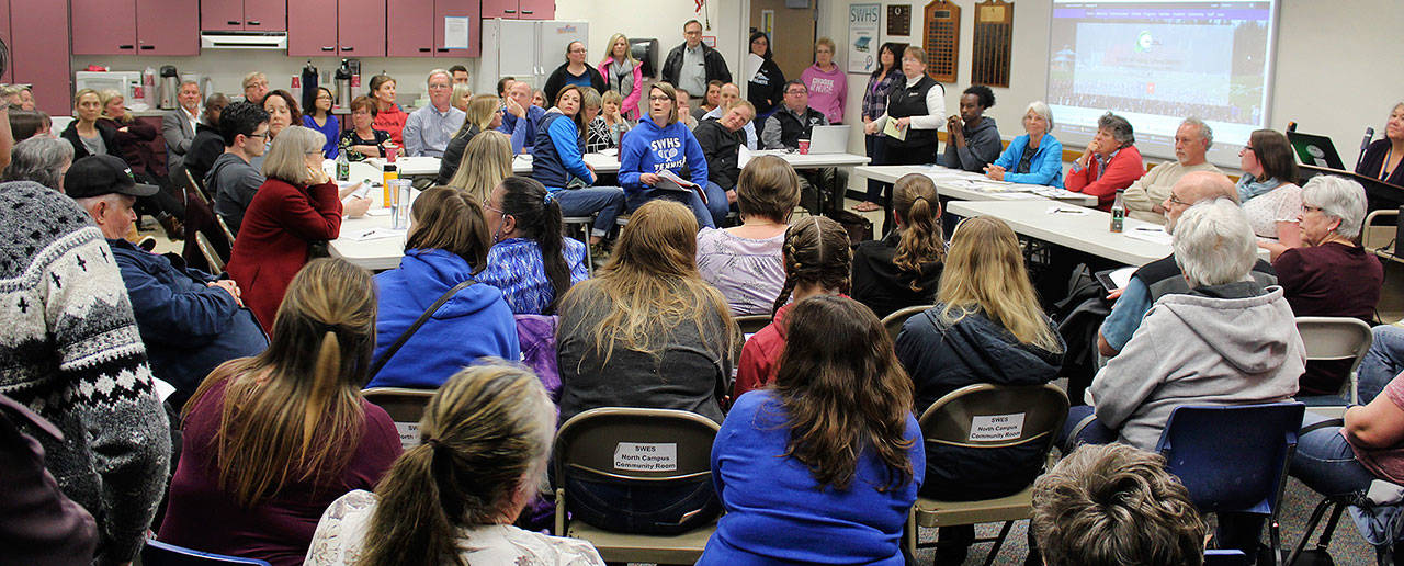 Student bullying, special education concerns and administrative salary increases topped the list of concerns of about 80 South Whidbey residents who turned out for a standing-room only community forum April 10 with the school board. (Patricia Guthrie / Whidbey News Group)