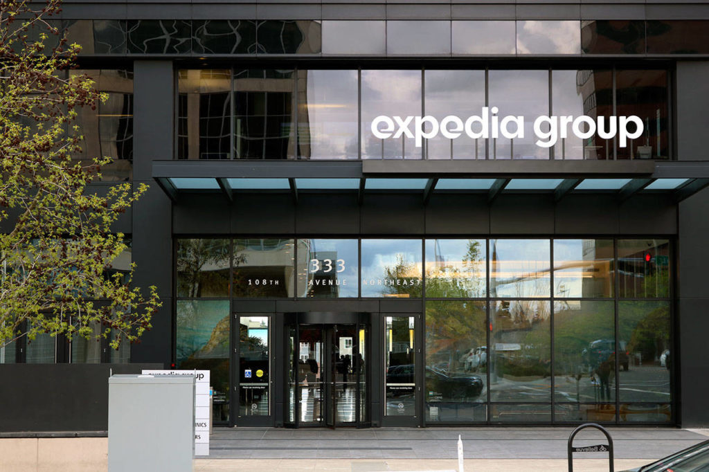 Amazon recently announced it will move its Seattle-based worldwide operations team to Bellevue by 2023. The company plans to occupy an office tower, pictured here, currently occupied by Expedia starting in 2020. (Kailan Manandic / Bellevue Reporter)
