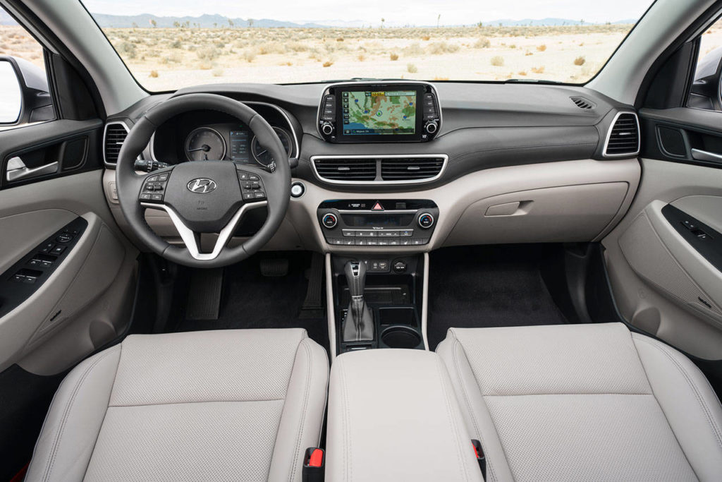 The Hyundai Tucson interior is revised for 2109, including a new 7-inch display audio system with Android Auto and Apple CarPlay capability. (Manufacturer photo)
