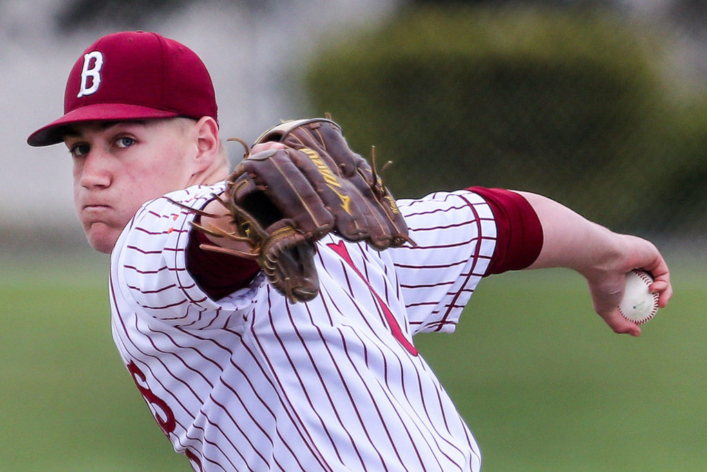 Cascade pitcher Joe McBride escaped a pair of early jams with minimal damage and tossed 6 2/3 strong innings before reaching the pitch-count limit. (Kevin Clark / The Herald)
