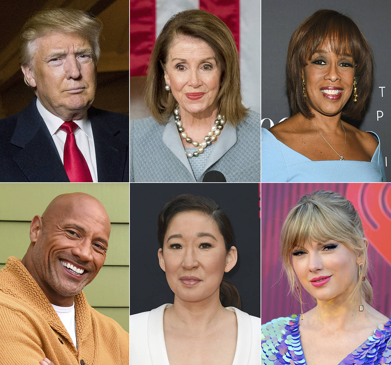 This combination photo shows (top row L-R) President Donald Trump, House Speaker Nancy Pelosi and CBS News’ Gayle King; (bottom row L-R) actor-producer Dwayne Johnson, actress Sandra Oh and singer Taylor Swift. They are among the people honored in Time’s “100 Most Influential People in the World” issue. (AP Photo)