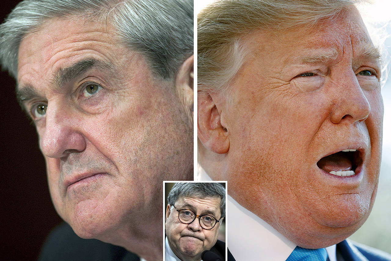 From left: Special Counsel Robert Mueller, Attorney General William Barr and President Donald Trump.