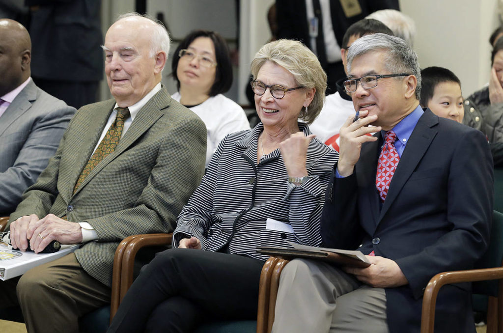 Former Washington Governors (from left) Dan Evans, Chris Gregoire and Gary Locke sit together before testifying during a hearing on Initiative 1000 before a joint Washington state House and Senate committee Thursday at the Capitol in Olympia. The Governors spoke in favor of Initiative 1000. (AP Photo/Ted S. Warren)
