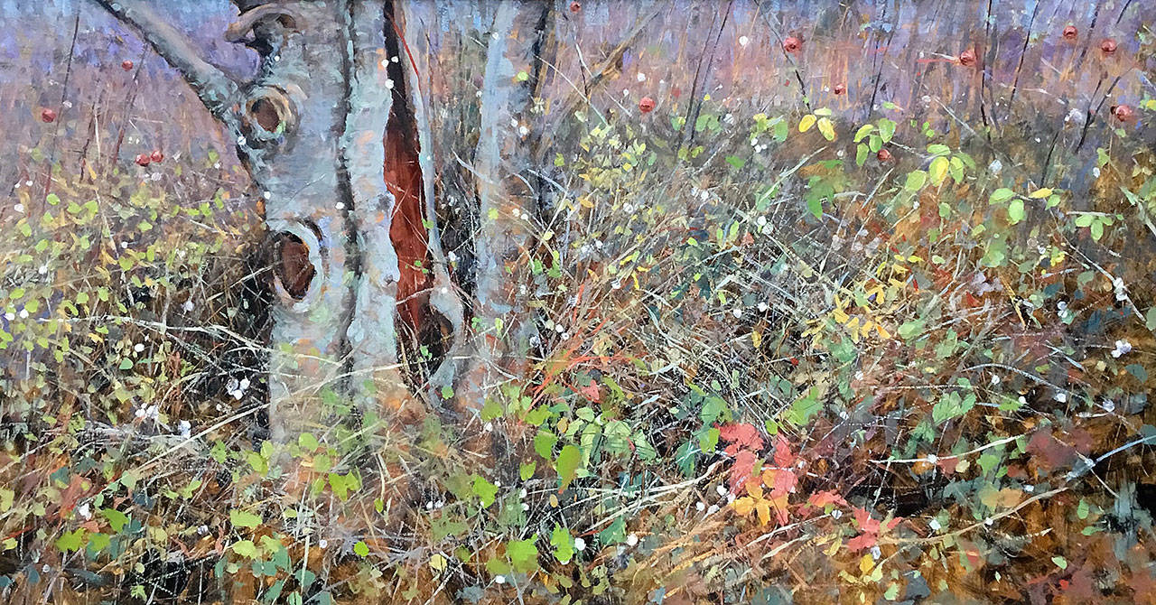This painting, “Roadside Rosehips,” is included in Gregory Kammer’s exhibit at the Russell Day Gallery.