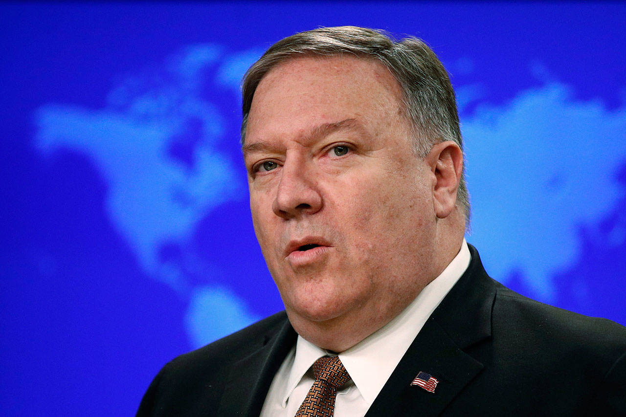 Secretary of State Mike Pompeo speaks at a news conference to announce the Trump administration’s plan to designate Iran’s Revolutionary Guard a “foreign terrorist organization,” at the U.S. State Department in Washington on April 8. The Trump administration is poised to tell five nations, including allies Japan, South Korea and Turkey, that they will no longer be exempt from U.S. sanctions if they continue to import oil from Iran. U.S. officials say Pompeo plans to announce Monday that the administration will not renew sanctions waivers for the five countries when they expire on May 2. (AP Photo/Patrick Semansky, File)