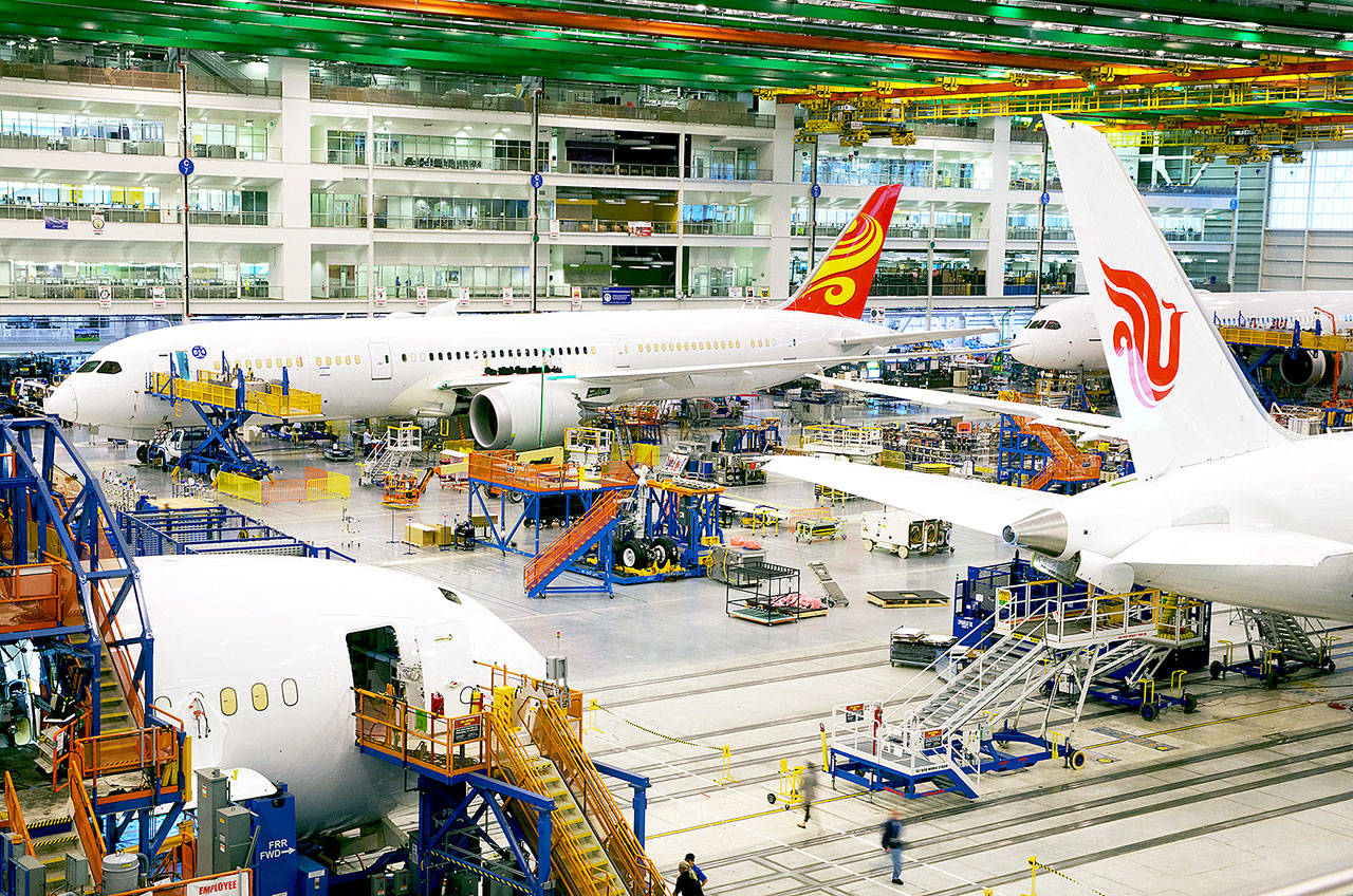 Boeing 787s on the assembly line in North Charleston, South Carolina, in 2016. (Travis Dove / Bloomberg News)