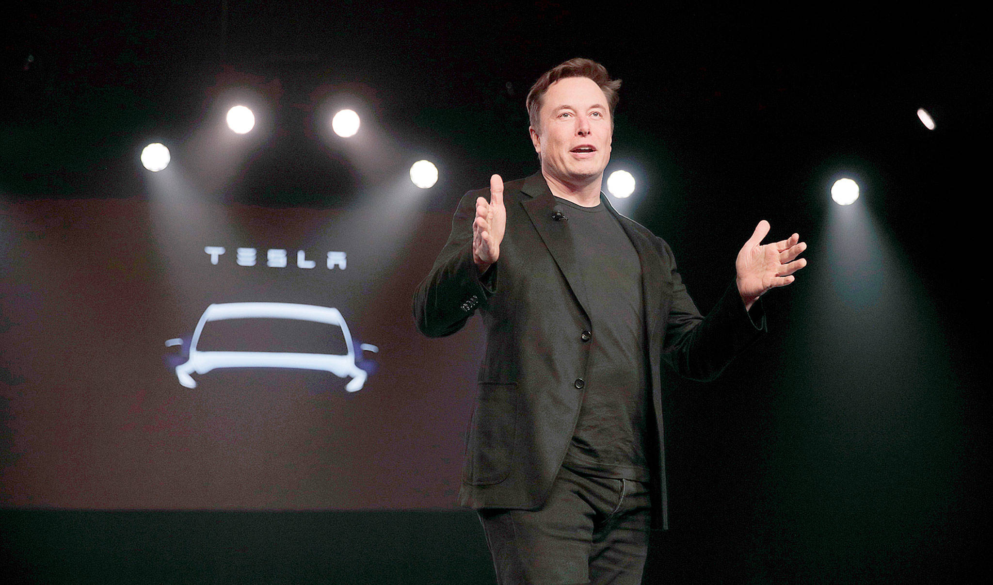 Tesla CEO Elon Musk speaks before unveiling the Model Y at Tesla’s design studio in Hawthorne, California, on March 14. (AP Photo/Jae C. Hong, File)