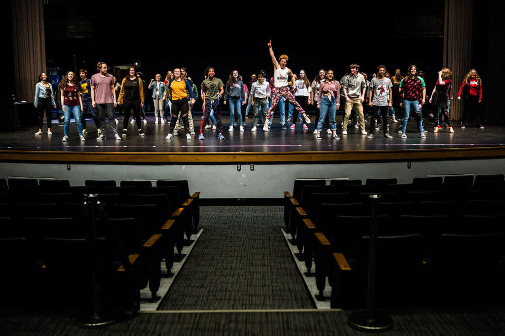The “Footloose” cast includes more than 50 students, with 13 more students working backstage and another 34 contributing to set construction and other tasks. (Olivia Vanni / The Herald)
