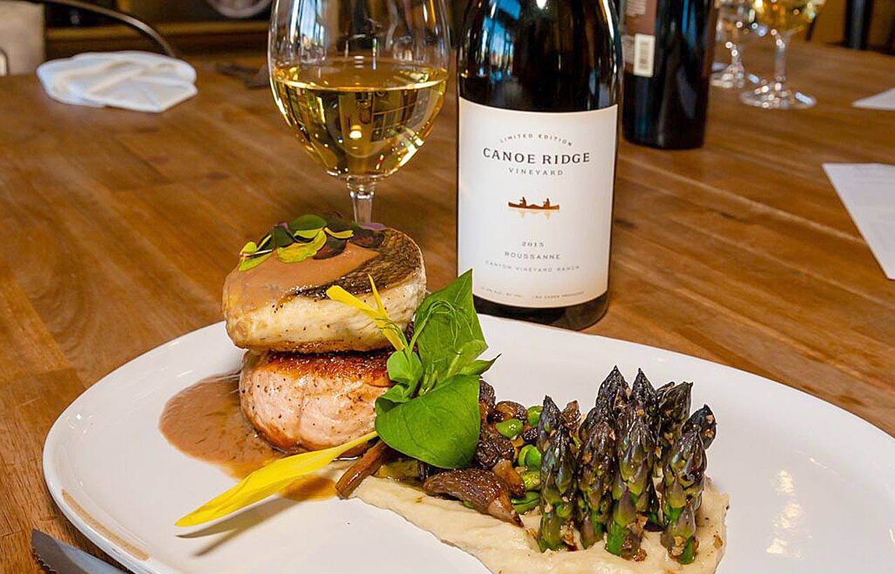 Asparagus and two King duo, prepared by Precept Wine corporate chef Sierra Grden, is served with the Canoe Ridge Vineyard 2015 Canyon Vineyard Ranch Limited Edition Roussanne. (Richard Duval Images)