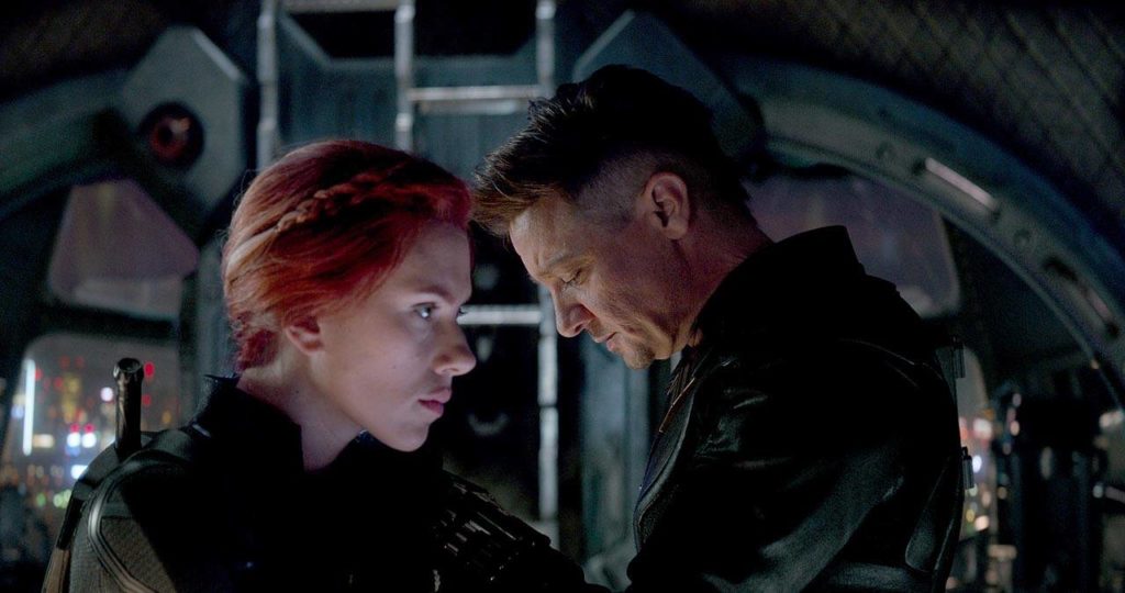 Black Widow (Scarlett Johansson) and Hawkeye (Jeremy Renner) share a quiet moment in “Avengers: Endgame.” (Walt Disney Studios / Marvel Studios)
