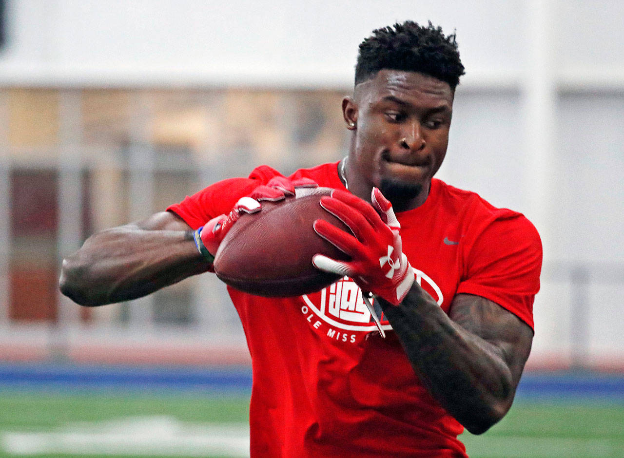 Former Mississippi wide receiver DK Metcalf catches a pass during the team’s pro day on March 29, 2019, in Oxford, Miss. (AP Photo/Rogelio V. Solis)