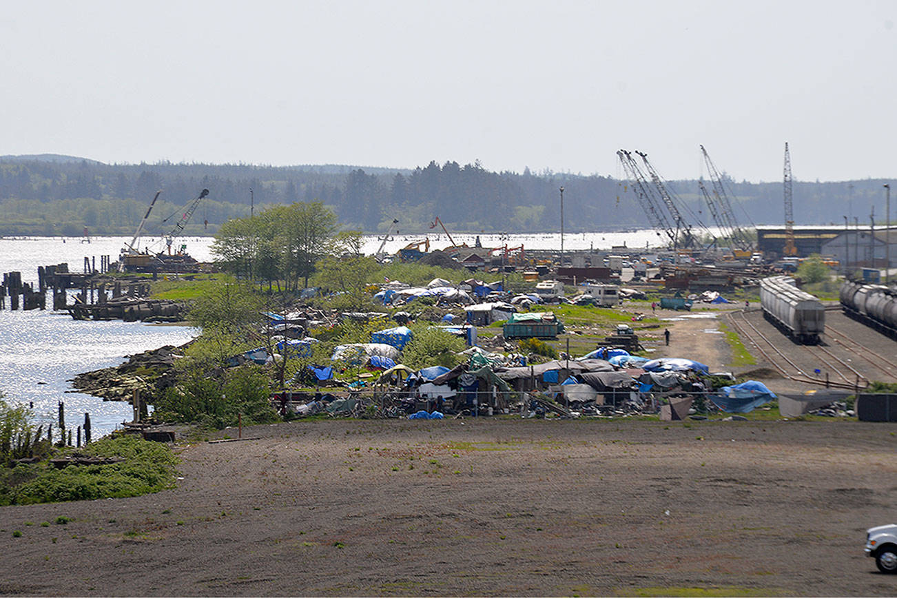 The homeless encampment along the Chehalis River in Aberdeen has been the focus of two lawsuits against the City of Aberdeen, which is looking to clear all people from the camps. (Louis Krauss / Grays Harbor News Group)