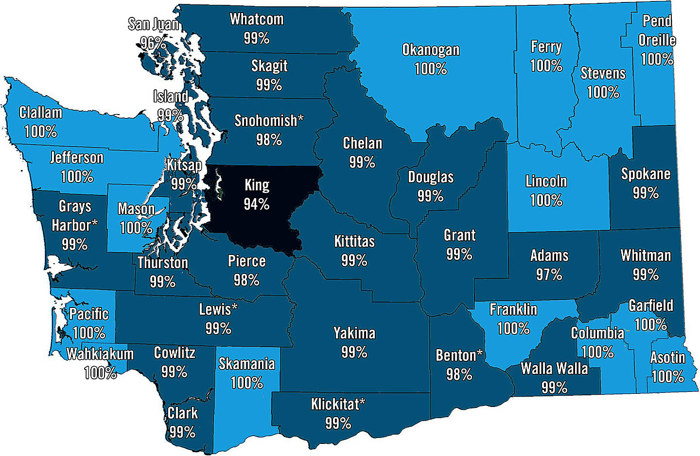 Here’s a map of the counties in Washington that would see a decrease or no change in their real estate excise tax proposed by Democrats. (Washington House Democrats)