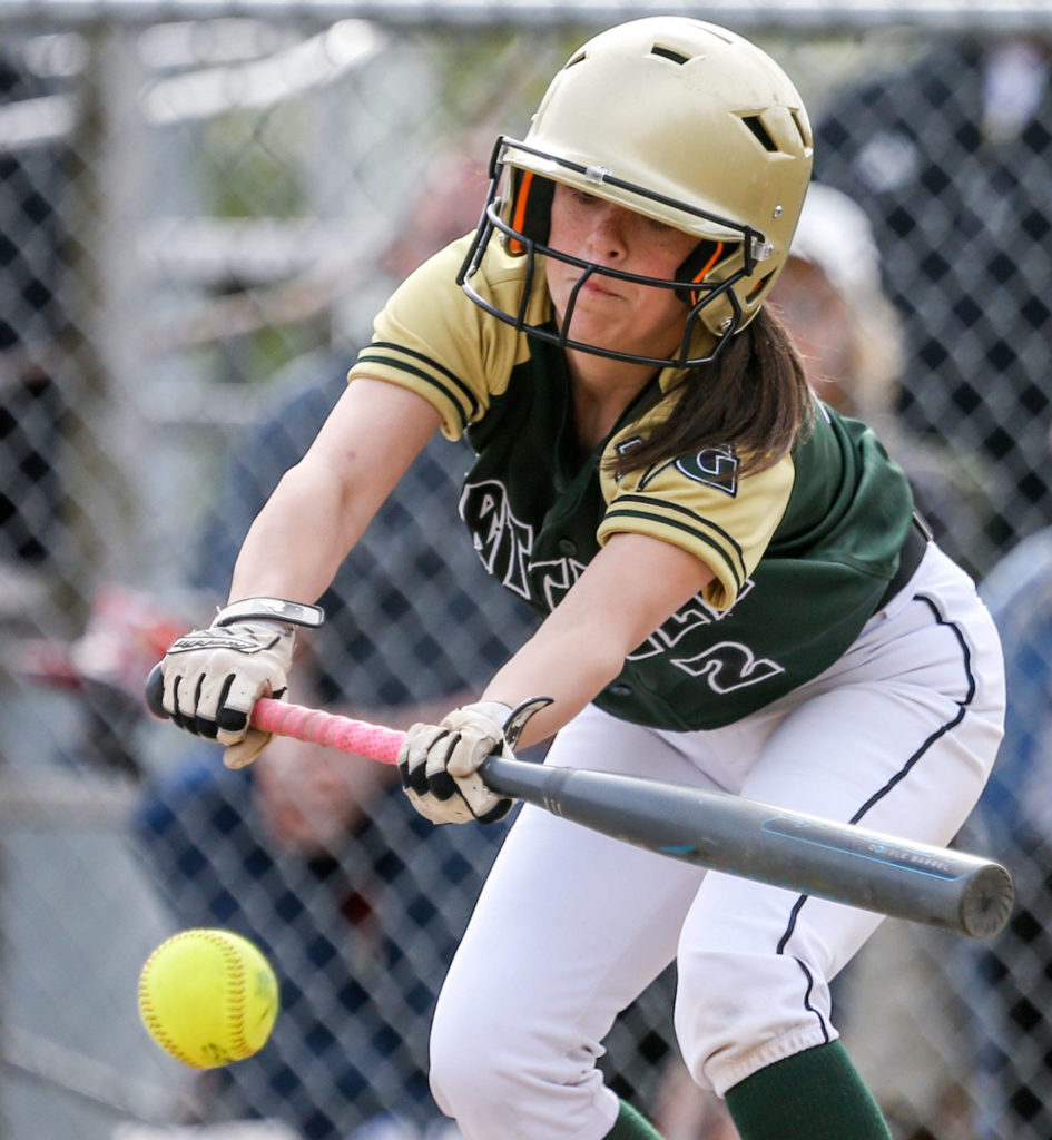 Marysville Getchell’s Maile Pingree bunts against Marysville Pilchuck on April 26, 2019, at Marysville Getchell High School. (Kevin Clark / The Herald)
