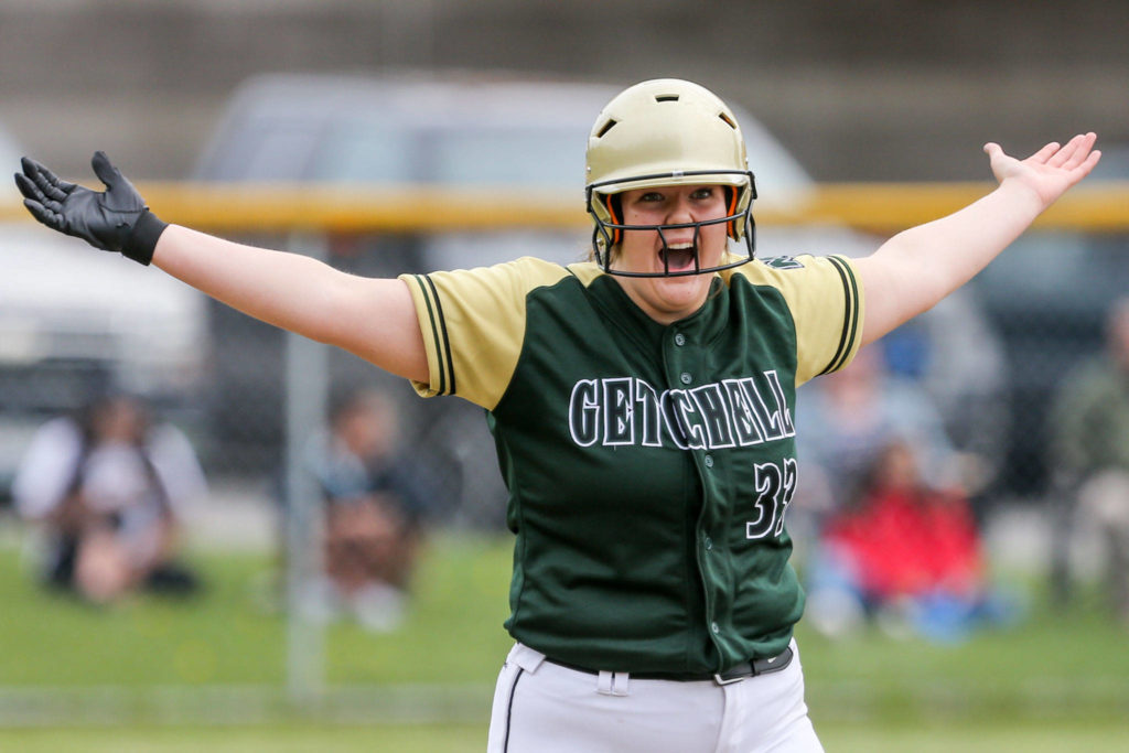 Marysville Getchell’s Thea Hatch celebrates after a double against Marysville Pilchuck on April 26, 2019, at Marysville Getchell High School. (Kevin Clark / The Herald)
