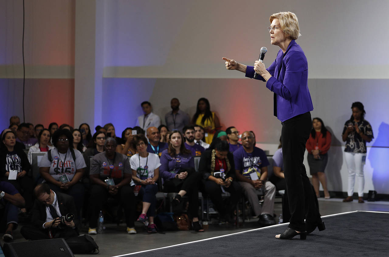 Democratic presidential candidate Sen. Elizabeth Warren, D-Mass., speaks at a Service Employees International Union forum on labor issues, Saturday in Las Vegas. (AP Photo/John Locher)