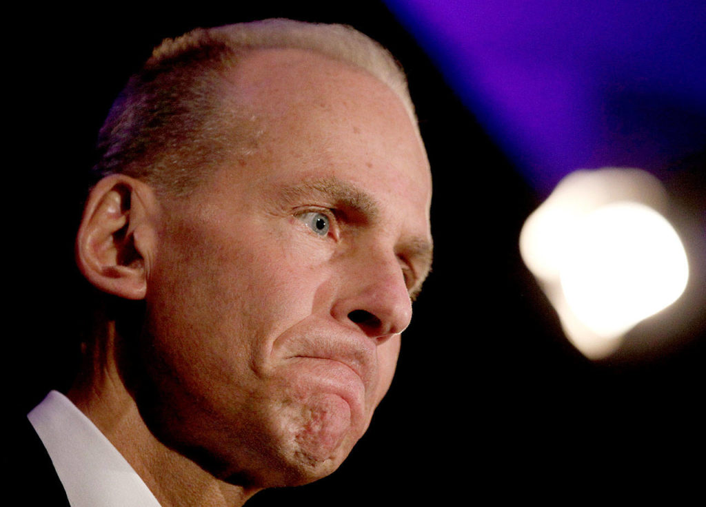 Boeing Chief Executive Dennis Muilenburg during a news conference after the company’s annual shareholders meeting at the Field Museum in Chicago on Monday. (AP Photo/Jim Young, Pool) 

