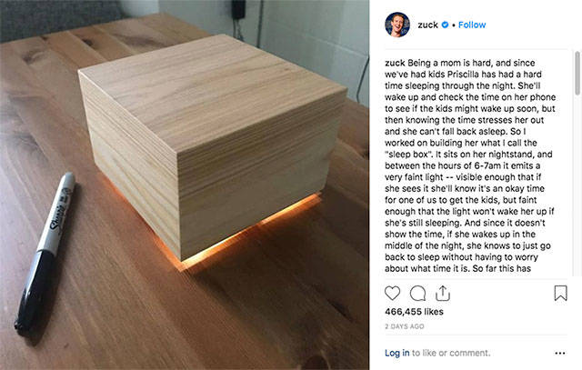 Mark Zuckerberg’s Instagram post Sunday about his new ‘sleep box,’ which he invented to help give his wife a better night’s sleep. (Photo courtesy @zuck)