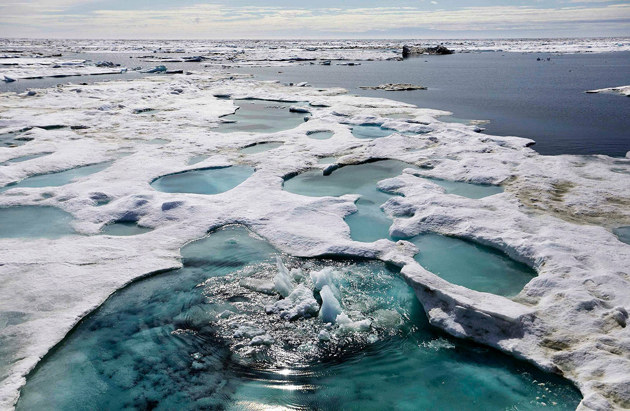 In this 2017 photo, ice is broken up by the passing of the Finnish icebreaker MSV Nordica as it sails through the Beaufort Sea off the coast of Alaska. President Trump has pushed to open nearly all U.S. coastlines to offshore oil and gas drilling. (AP Photo/David Goldman, File)