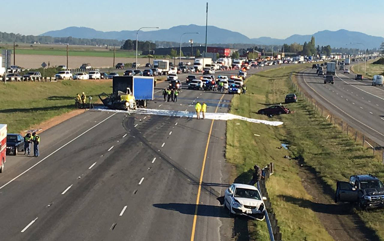 Southbound I-5 at milepost 221 in Conway was fully blocked after a fatality collision Tuesday morning. A total of 8 vehicles were involved. (Washington State Patrol)