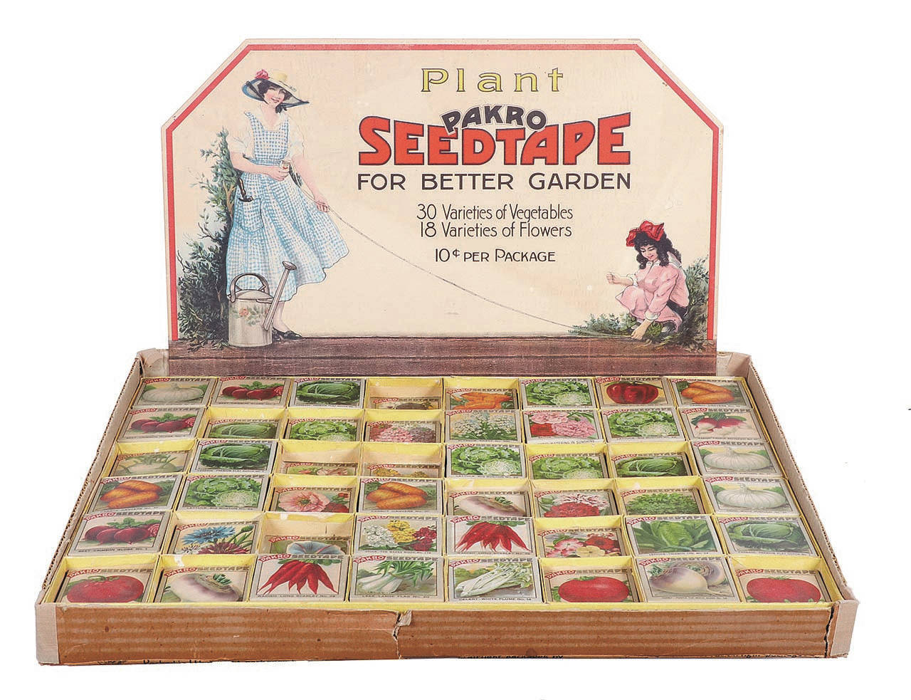 Advertising collectibles are very popular today despite decreased interest in displaying old signs in family restaurants, a popular decorating idea in the 1980s. This seed tape box is in great condition with original small boxes of seed tape filling each compartment. It sold for $1,033. (Cowles Syndicate Inc.)
