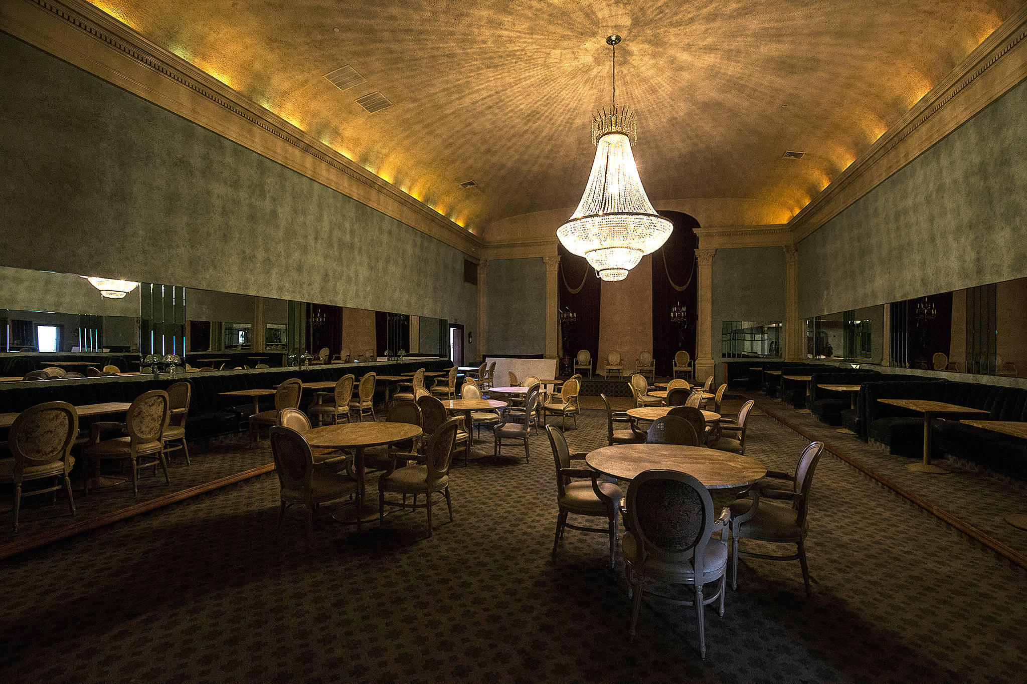 The Manhattan Room restaurant is still lit by a massive chandelier in the former Club Broadway building in Everett. (Andy Bronson / The Herald)