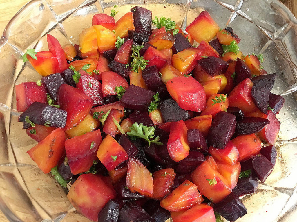 Buttered beets, a recipe from the cookbook, “A Feast of Ice & Fire: The Official Companion Cookbook,” add a splash of color and an earthy taste for a large meal when watching the HBO show “Game of Thrones.” (Ben Watanabe / The Herald)
