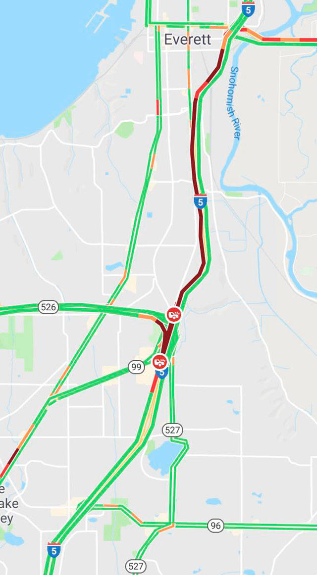 Traffic was backed up 5 miles Thursday morning after a man was hit by two trucks while crossing I-5 in Everett. (Washington State Department of Transportation)
