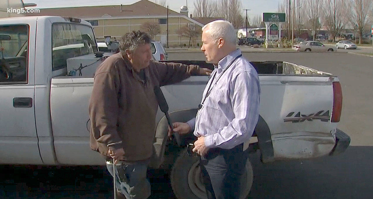 King 5 investigator Chris Ingalls found Allan Thomas outside Enumclaw’s True Value to ask him a few questions concerning Drainage District 5. (King 5 News)