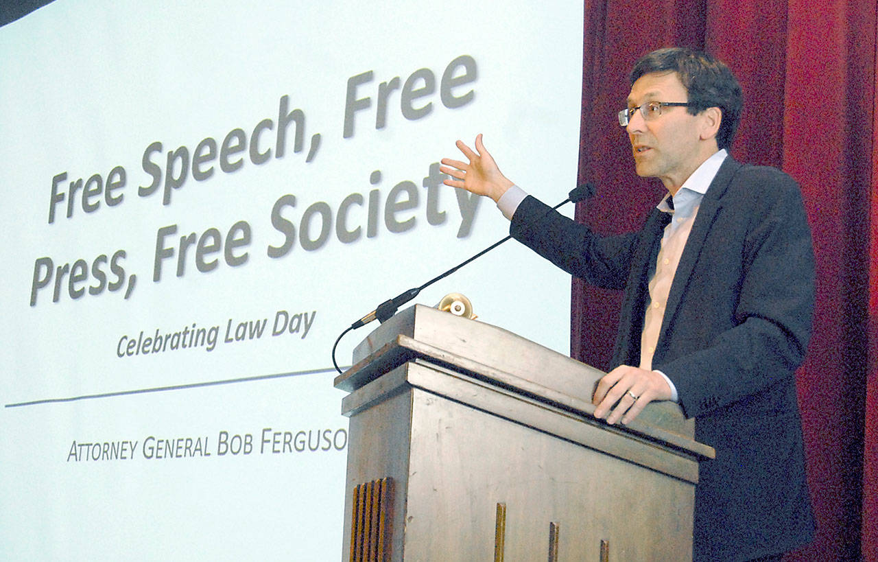 Washington Attorney General Bob Ferguson speaks about free speech in modern society during a presentation Tuesday evening on the Port Angeles campus of Peninsula College. (Keith Thorpe / Peninsula Daily News)