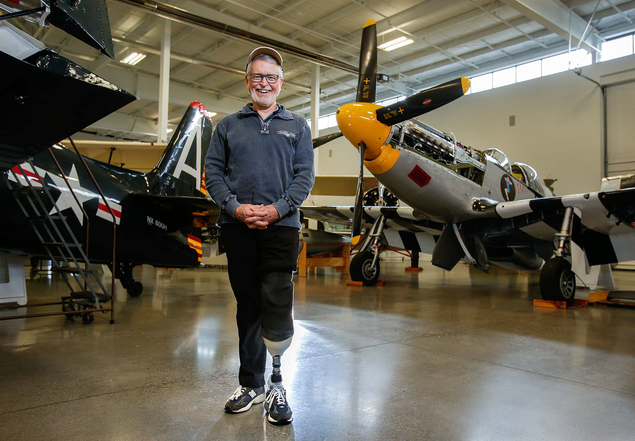 Wearing a prosthetic, Historic Flight Foundation president John Sessions talked in December 2018 about the airplane crash that cost him his left foot, when he was piloting a 1930s-vintage biplane during an airshow in British Columbia last summer. (Andy Bronson / Herald file)