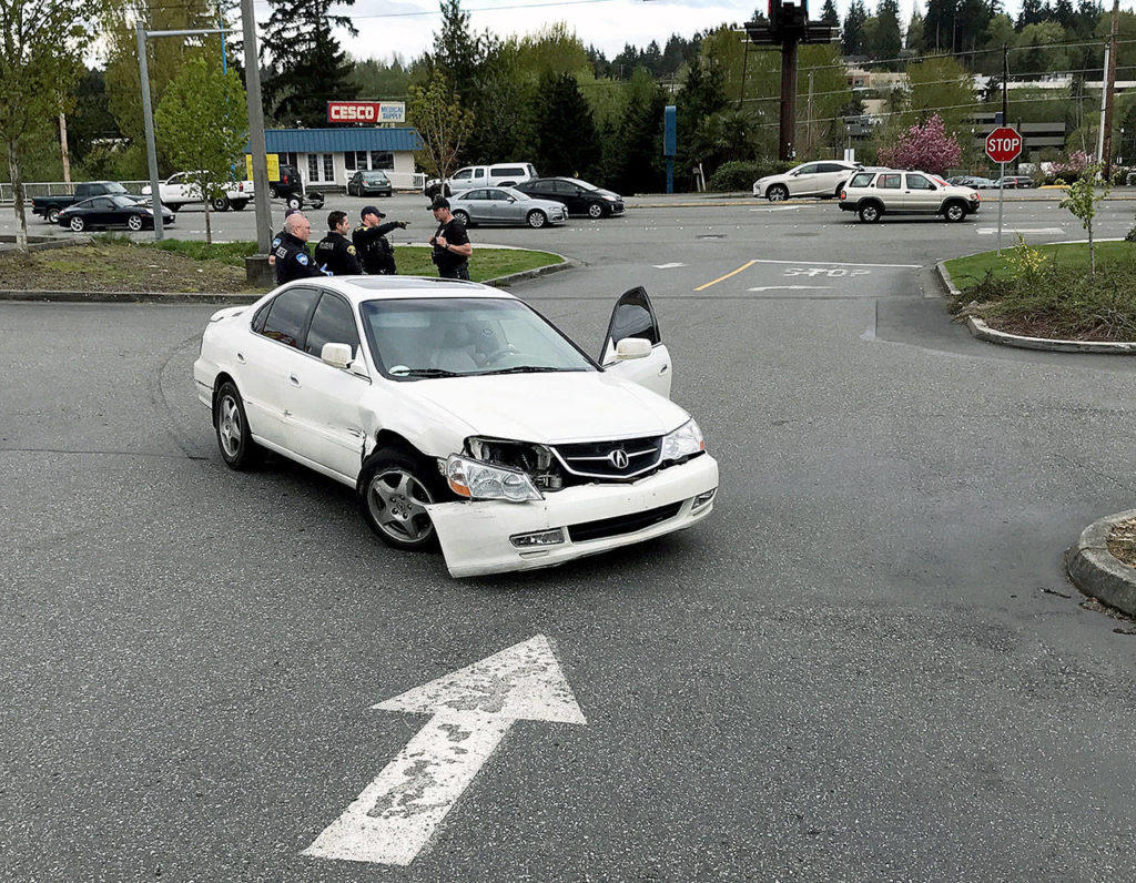 Police pursued this car April 23 during a high-speed chase from Everett to Edmonds on I-5. After the chase, police arrested the suspected driver and Hector Garcia-Ceja Jr., 24, of Everett. (Chuck Taylor / The Herald)
