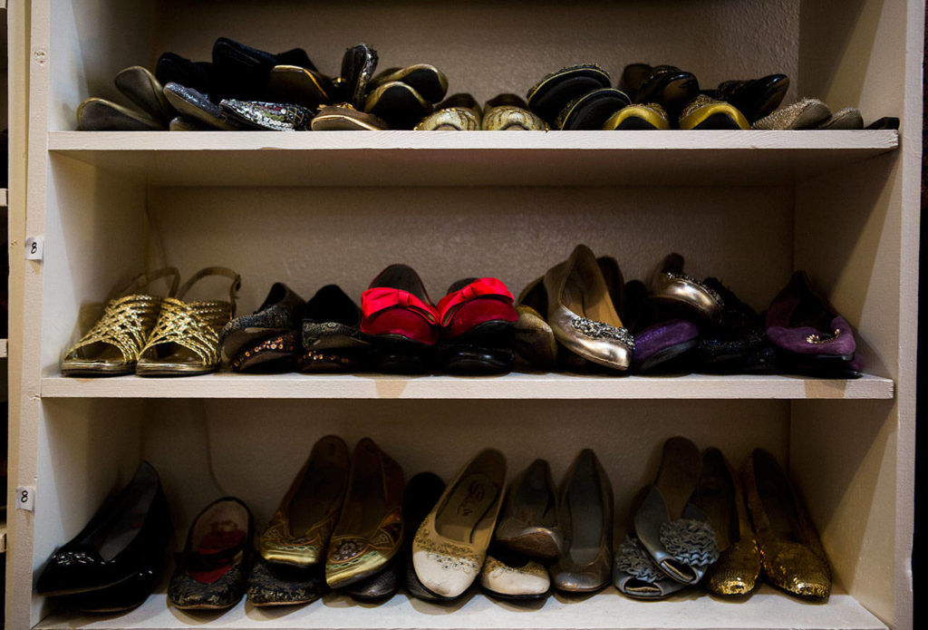 Vintage footwear is on display at Vintage Costumers in Everett. (Olivia Vanni / The Herald)
