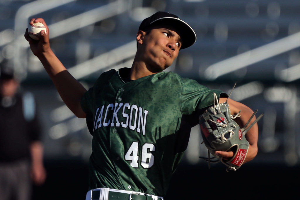 Jackson freshman Dominic Hellman pitched 3 2/3 innings of no-hit ball in relief. (Kevin Clark / The Herald)
