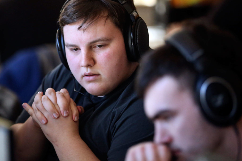 Ryan Ziegler watches a teammate during a Northwest ESports Counter-Strike tournament on April 27, 2019, at Willis Tucker Community Activity Center in Snohomish on April 27, 2019. (Kevin Clark / The Herald)
