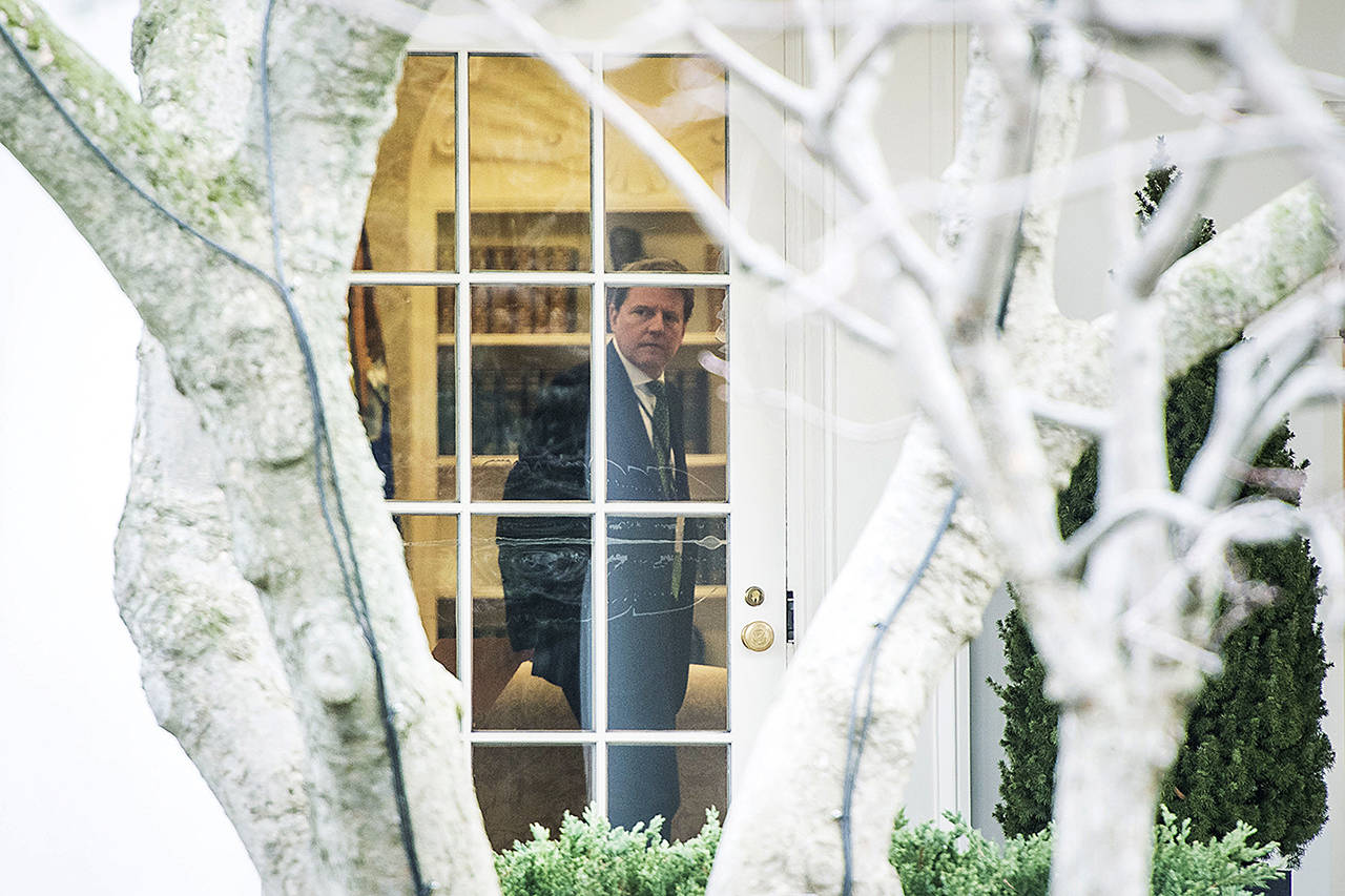 White House counsel Donald McGahn is seen inside the Oval Office on Feb. 16, 2018. (Jabin Botsford/Washington Post)