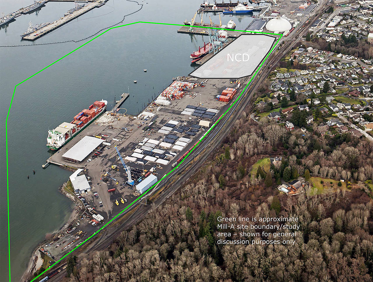 The green line is the approximate Mill A site boundary/study area. (Port of Everett)