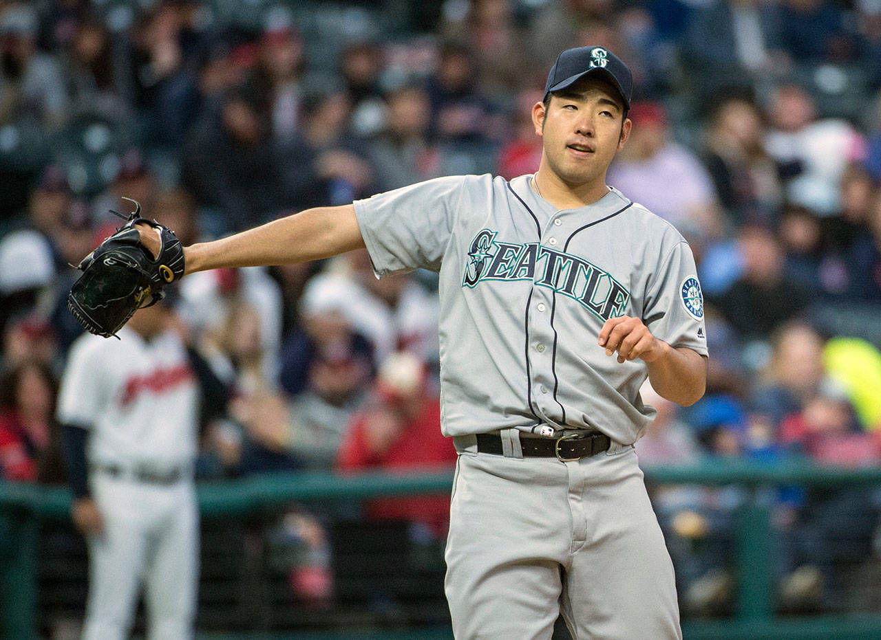Mariners starting pitcher Yusei Kikuchi gets the ball back after throwing to the Indians’ Jake Bauers during the third inning of a game on May 3, 2019, in Cleveland. (AP Photo/Phil Long)