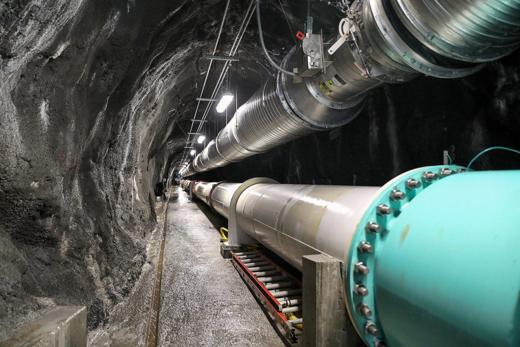 This underground pipe connects the intake tower in the Spada Lake reservoir to the Sultan River. It eventually emerges from the ground near the Sultan River. (Lizz Giordano / The Herald)
