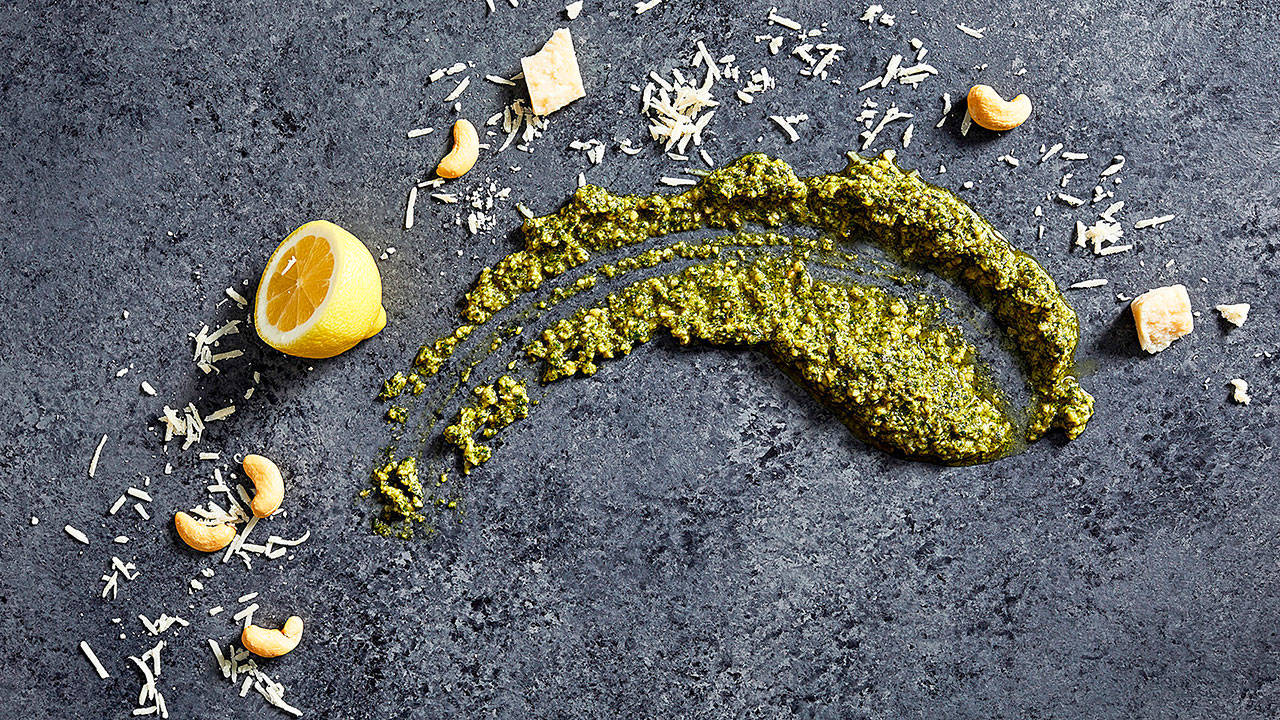 You might just go nuts for this basil-cashew pesto. (Photo by Stacy Zarin Goldberg for The Washington Post; food styling by Lisa Cherkasky for The Washington Post)